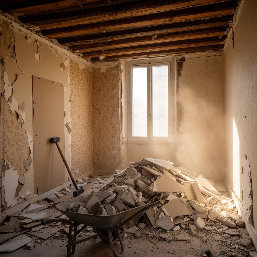 Appartement en cours de démolition structurelle — chantier de rénovation complète EGBR