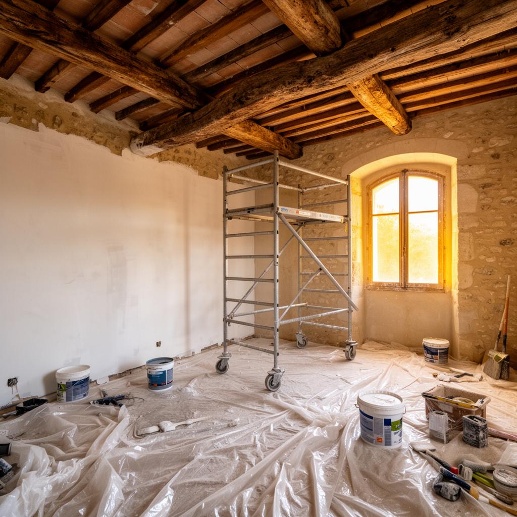 Rénovation intégrale d'une maison provençale, échafaudage intérieur et plâtre frais — chantier EGBR